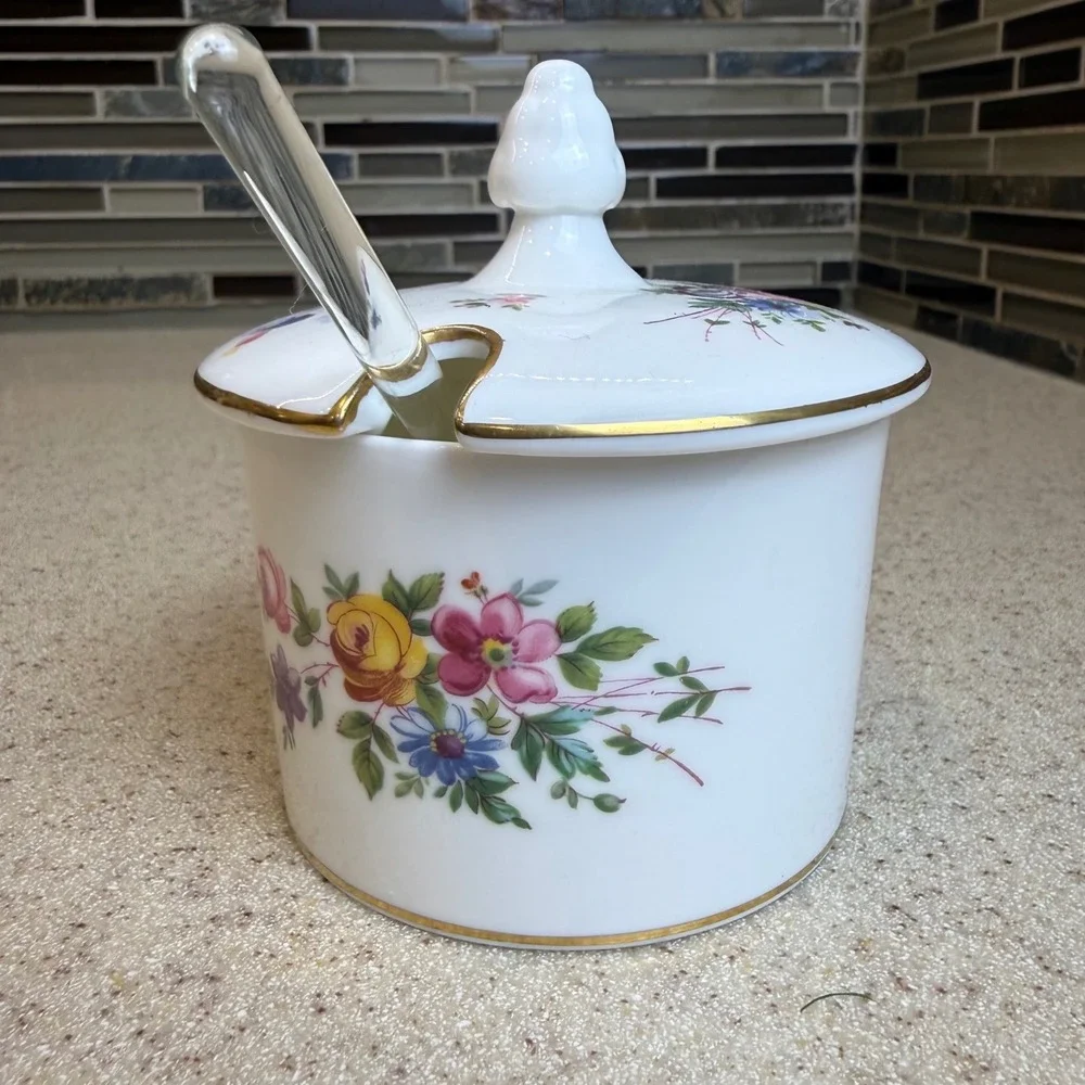 Vintage Minton Marlow Bone China Jam Pot w/ Lid & Glass Spoon Floral England